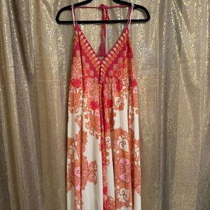 Vici Hot Pink Orange Vineyard Border Print Open Back Hi Low Maxi Dress Medium